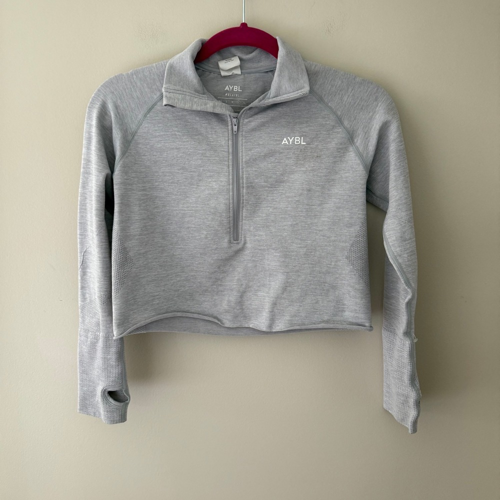 AYBL Women Grey Marl Seamless Quarter Zip Cropped Pullover Workout Top Large